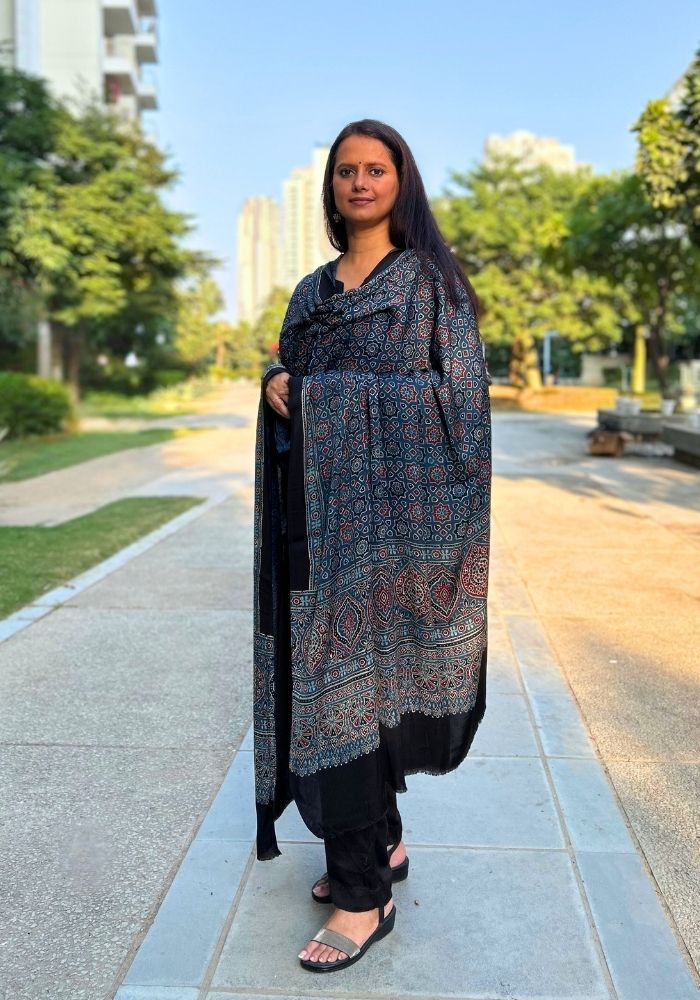Indigo Charm Modal Silk Ajrakh Hand Block Dupatta