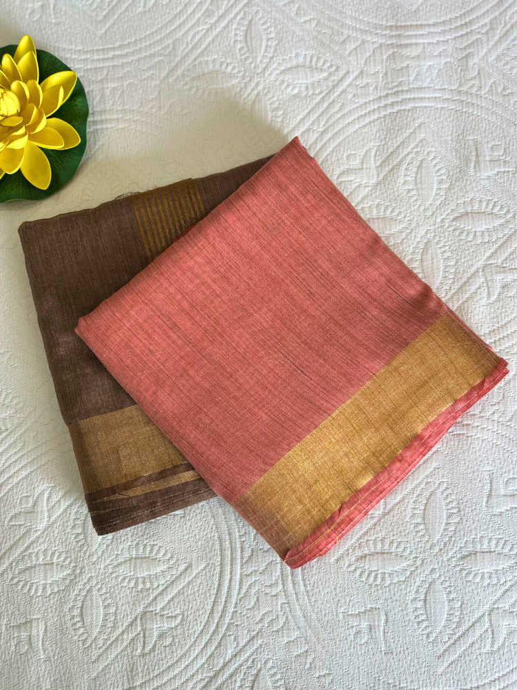 Elegant Silk Cotton Plain Saree with Golden Border – Brown