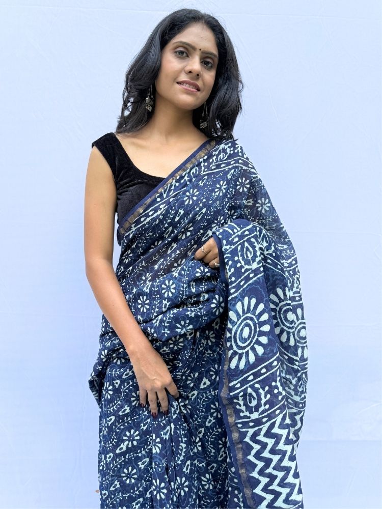 Azure Bloom – Blue Chanderi Silk Cotton Saree with Floral Block Print