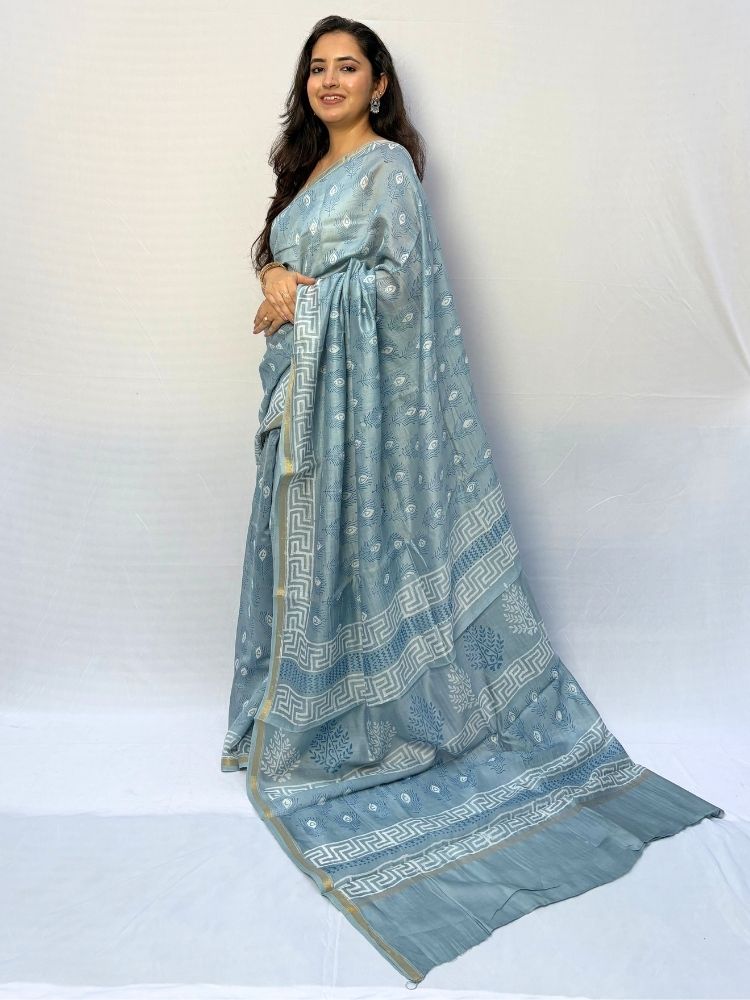 Silver Bloom – Grey Chanderi Silk Saree with Floral Block Print