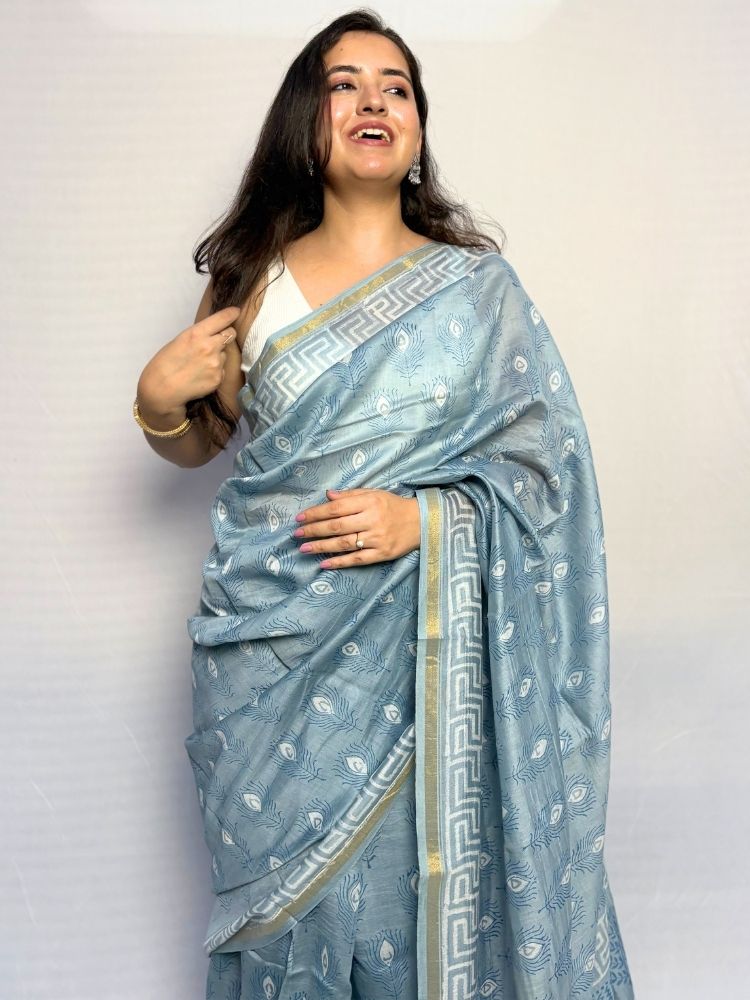 Silver Bloom – Grey Chanderi Silk Saree with Floral Block Print