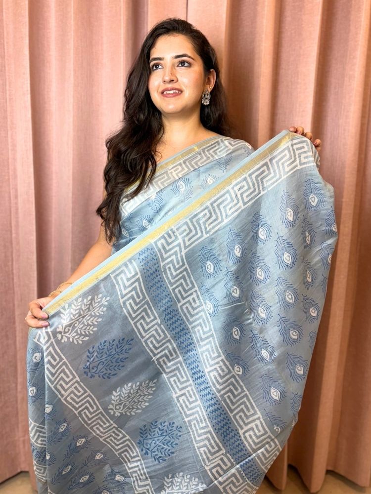 Silver Bloom – Grey Chanderi Silk Saree with Floral Block Print