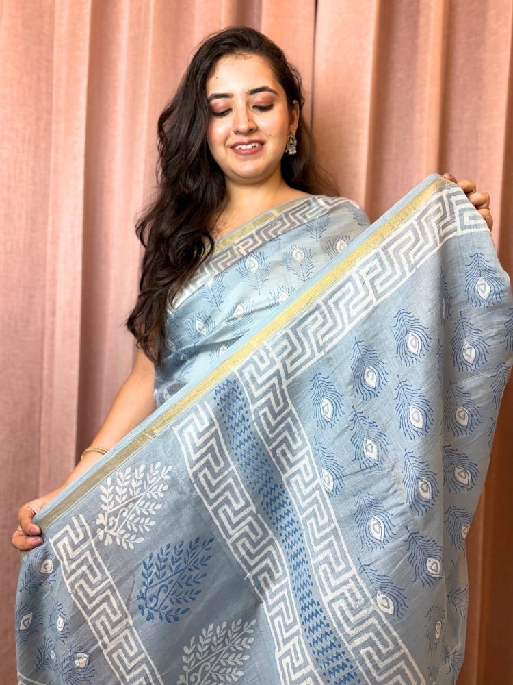 Silver Bloom – Grey Chanderi Silk Saree with Floral Block Print