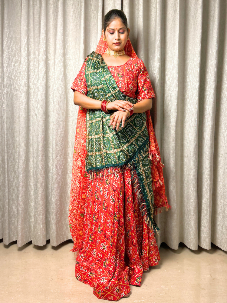 Patola Print Lehanga with Bandhani Dupatta – Red & Green