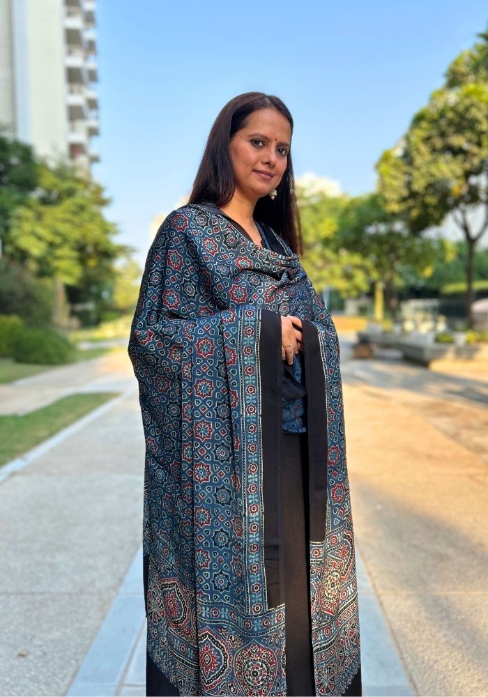 Indigo Charm Modal Silk Ajrakh Hand Block Dupatta