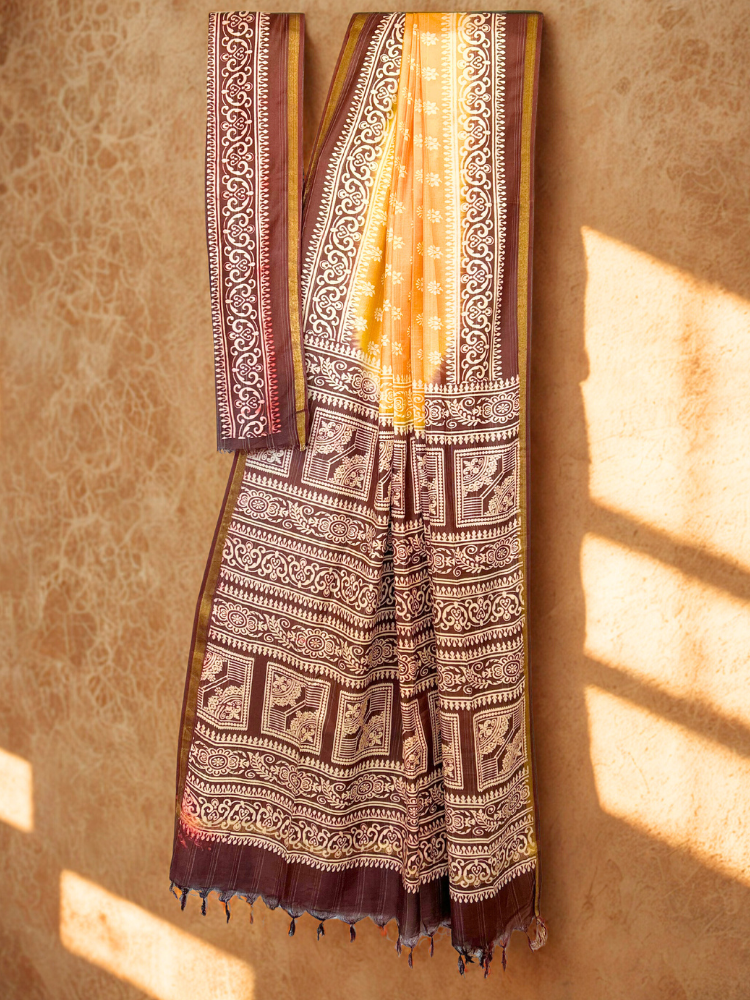 Bhangalpuri Silk Handblock Saree with Contrast Border & Pallu