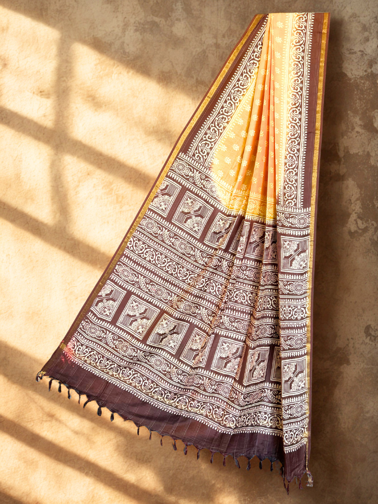 Bhangalpuri Silk Handblock Saree with Contrast Border & Pallu