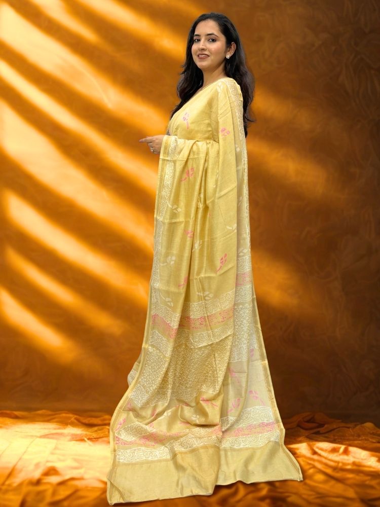 Golden Blossom – Yellow Chanderi Silk Saree with Floral Block Print