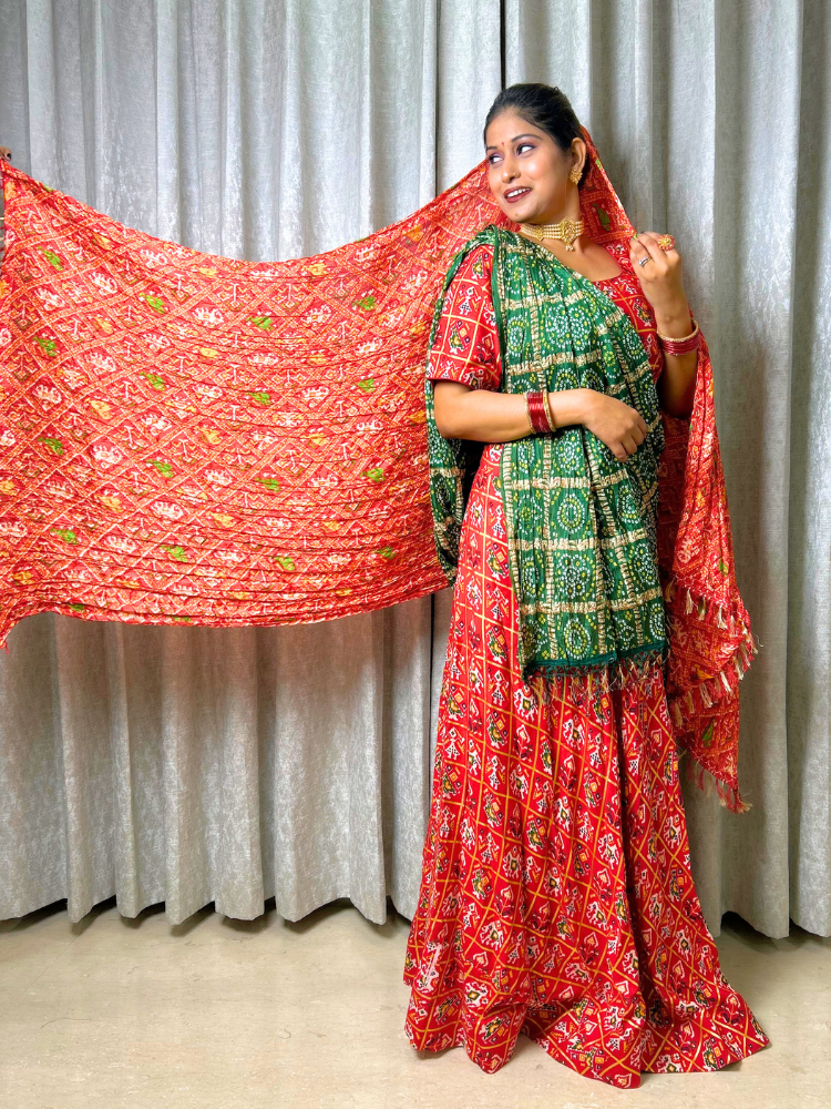 Patola Print Lehanga with Bandhani Dupatta – Red & Green