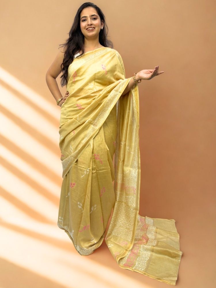 Golden Blossom – Yellow Chanderi Silk Saree with Floral Block Print