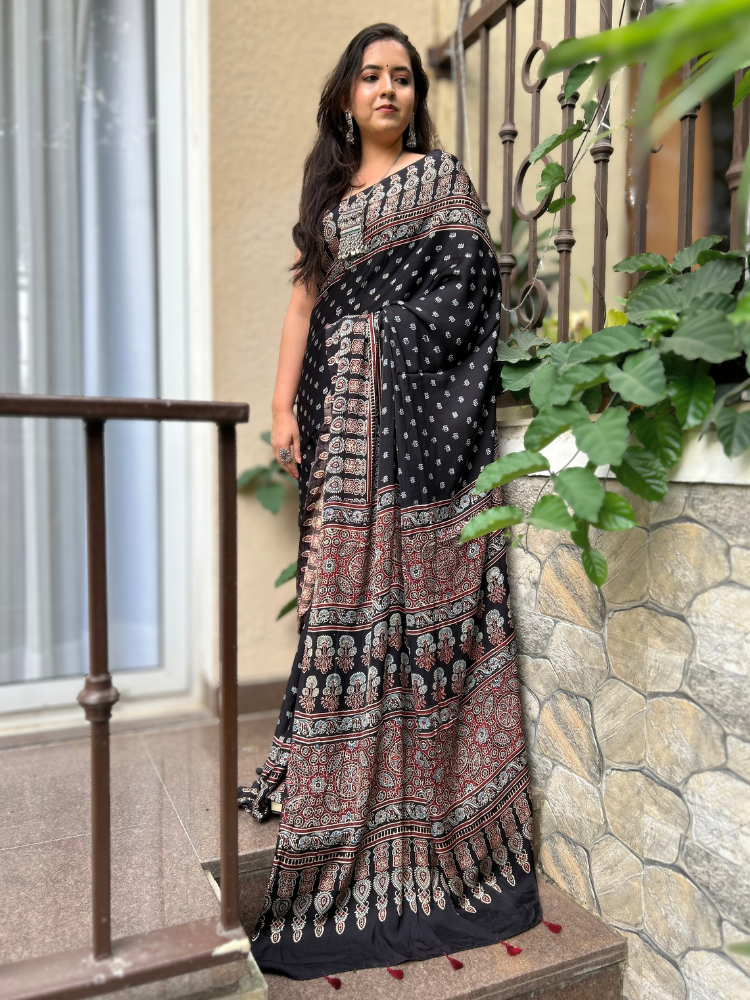 Modal Silk Ajrakh Hand Block Printed Saree with Tassels – Black