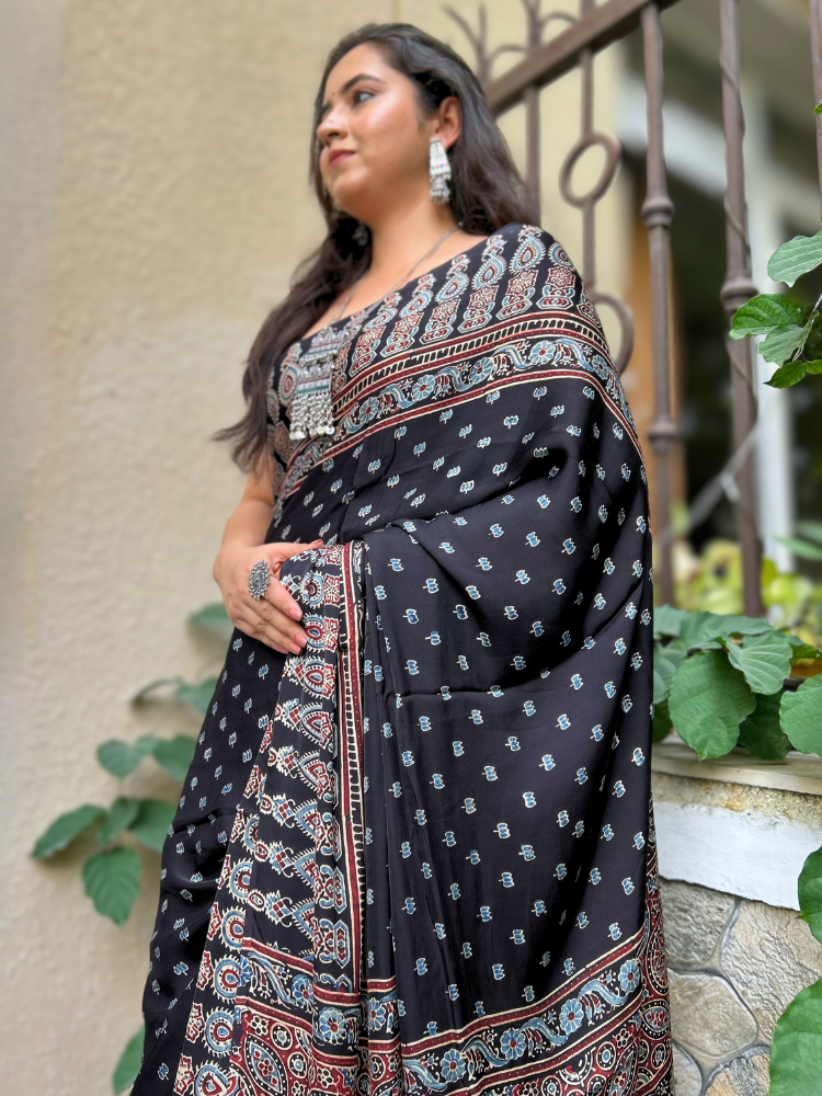 Modal Silk Ajrakh Hand Block Printed Saree with Tassels – Black