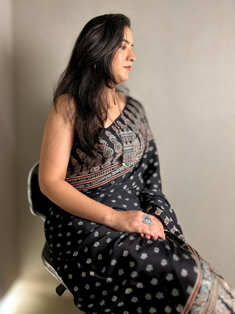 Modal Silk Ajrakh Hand Block Printed Saree with Tassels – Black