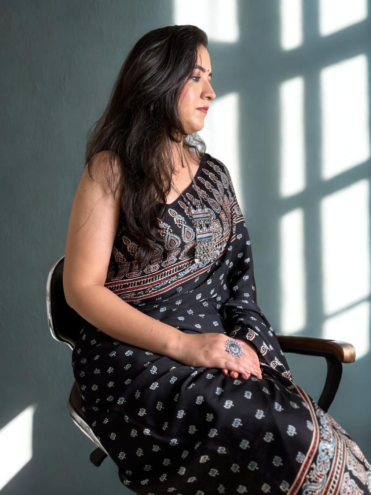 Modal Silk Ajrakh Hand Block Printed Saree with Tassels – Black