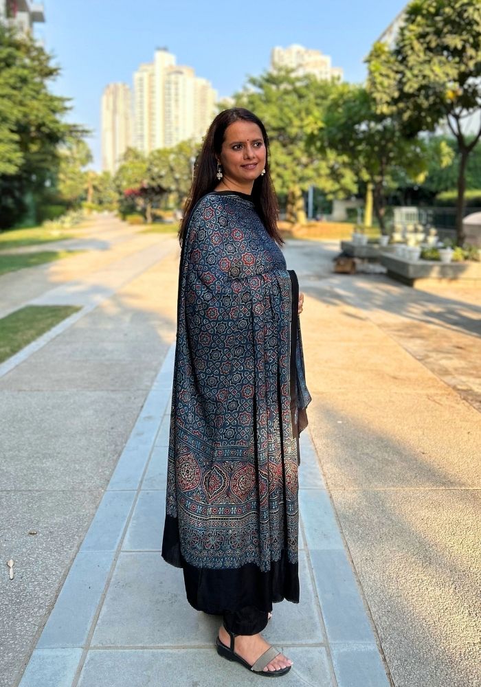 Indigo Charm Modal Silk Ajrakh Hand Block Dupatta