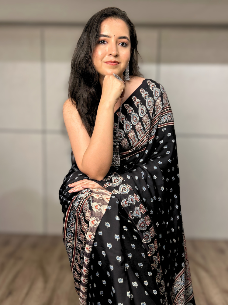 Modal Silk Ajrakh Hand Block Printed Saree with Tassels – Black