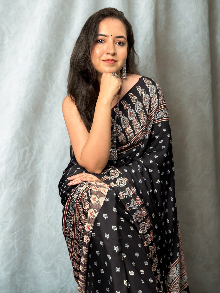 Modal Silk Ajrakh Hand Block Printed Saree with Tassels – Black