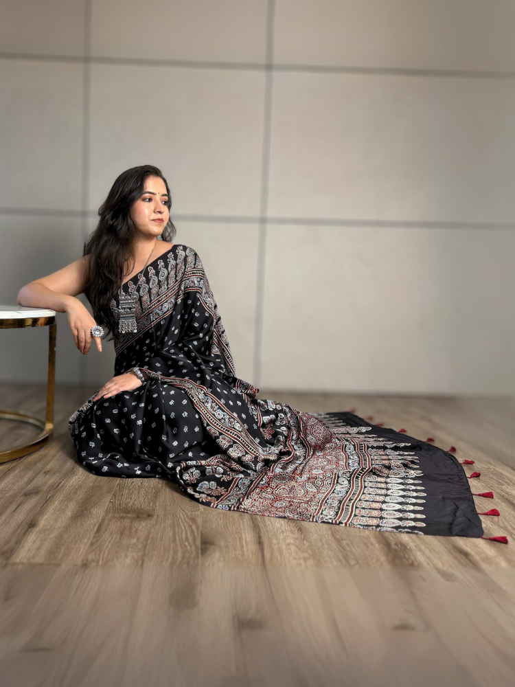 Modal Silk Ajrakh Hand Block Printed Saree with Tassels – Black