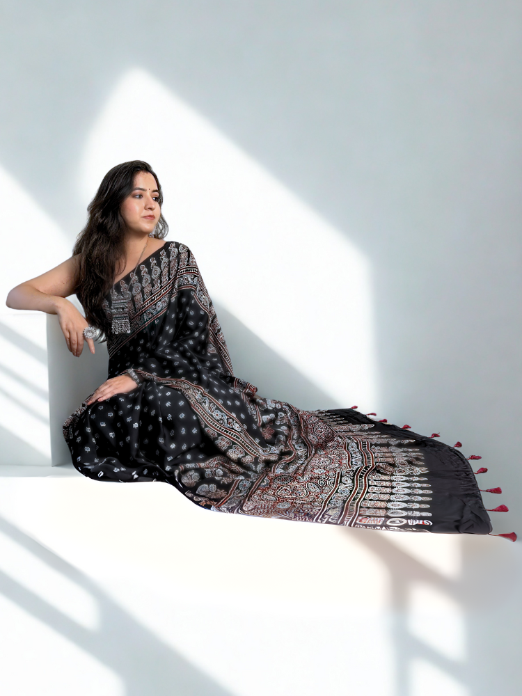 Modal Silk Ajrakh Hand Block Printed Saree with Tassels – Black