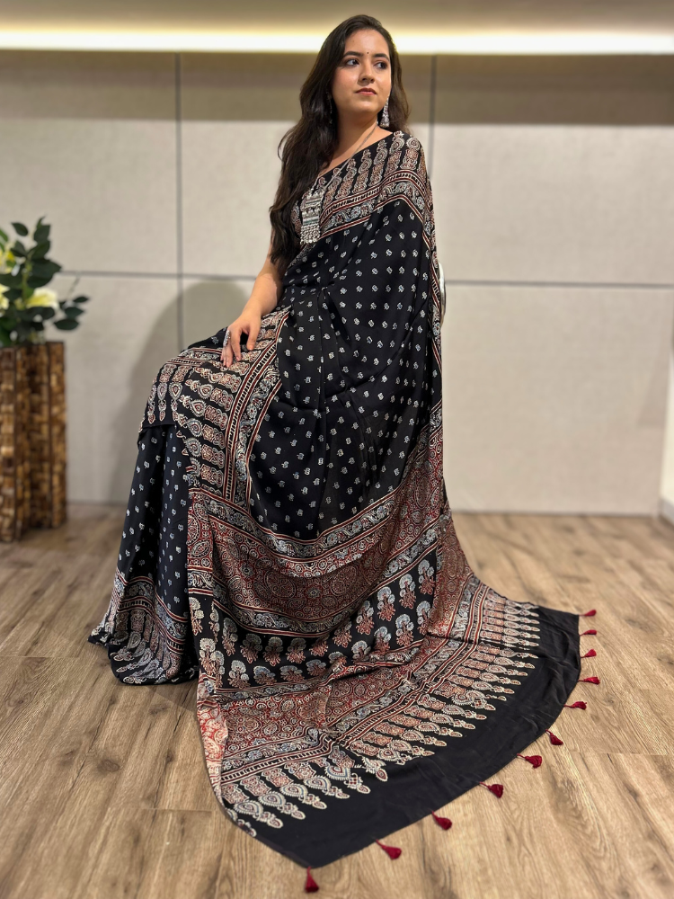 Modal Silk Ajrakh Hand Block Printed Saree with Tassels – Black