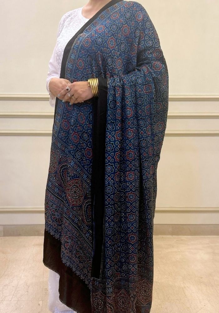 Indigo Charm Modal Silk Ajrakh Hand Block Dupatta