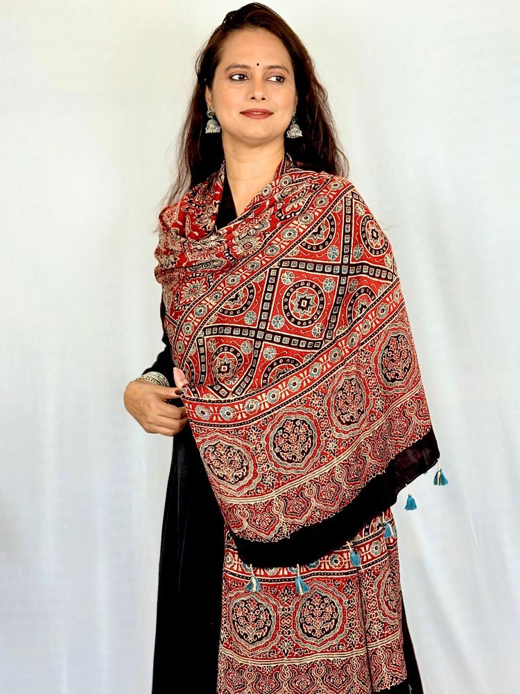 Crimson Aura – Red Modal Silk Ajrakh Hand Block Stole