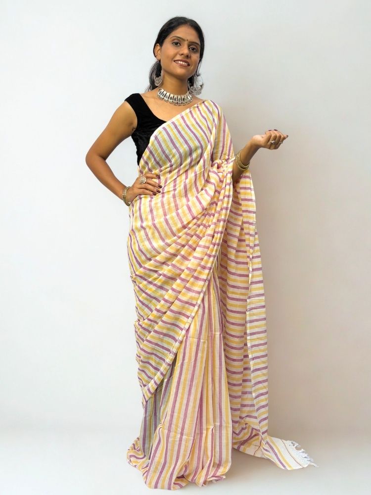 Lavender Grace – Cream & Lavender Striped Mul Cotton with Tassels