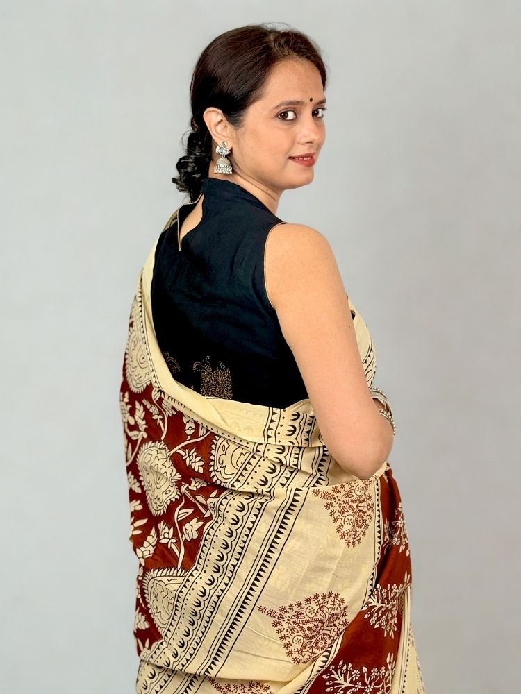 Classic Appeal – Brown Kalamkari Hand Block Printed Mul Cotton Saree