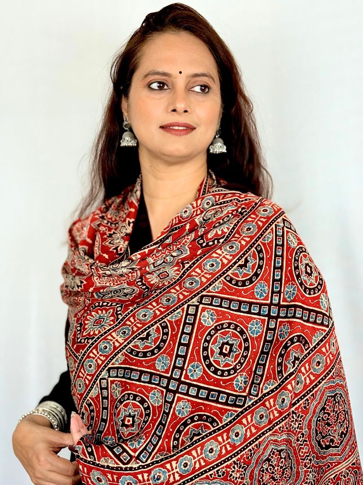 Crimson Aura – Red Modal Silk Ajrakh Hand Block Stole