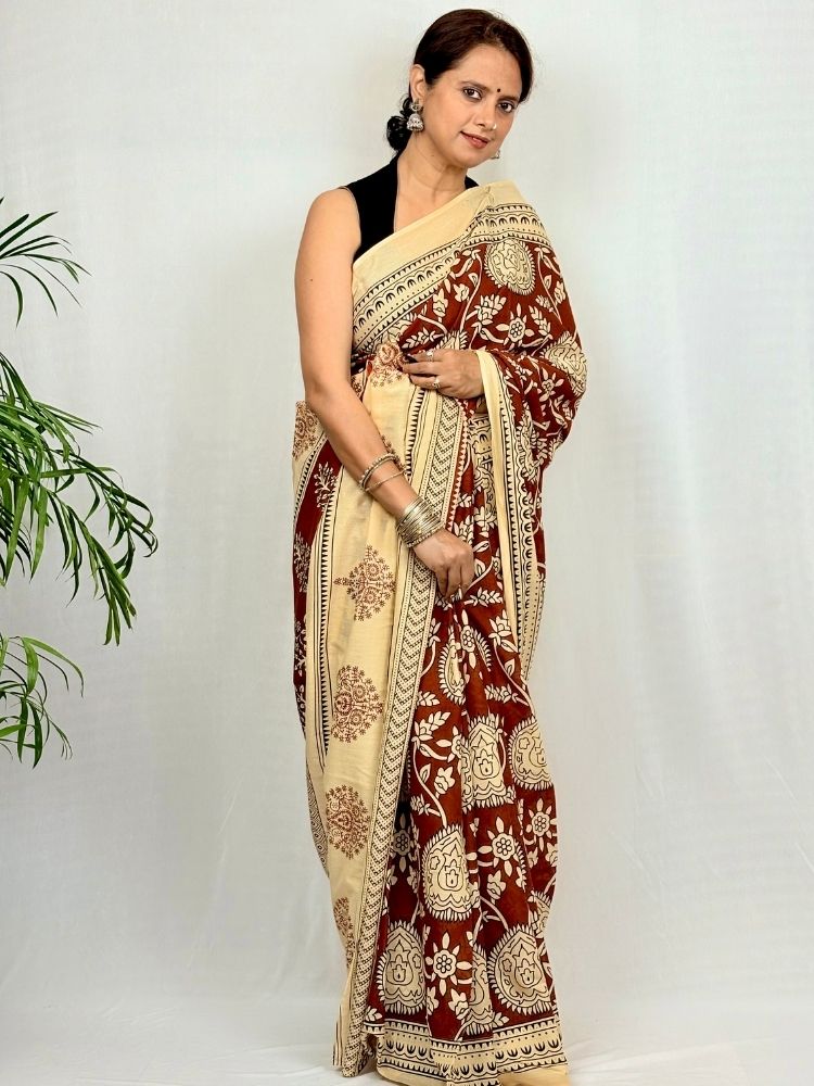 Classic Appeal – Brown Kalamkari Hand Block Printed Mul Cotton Saree