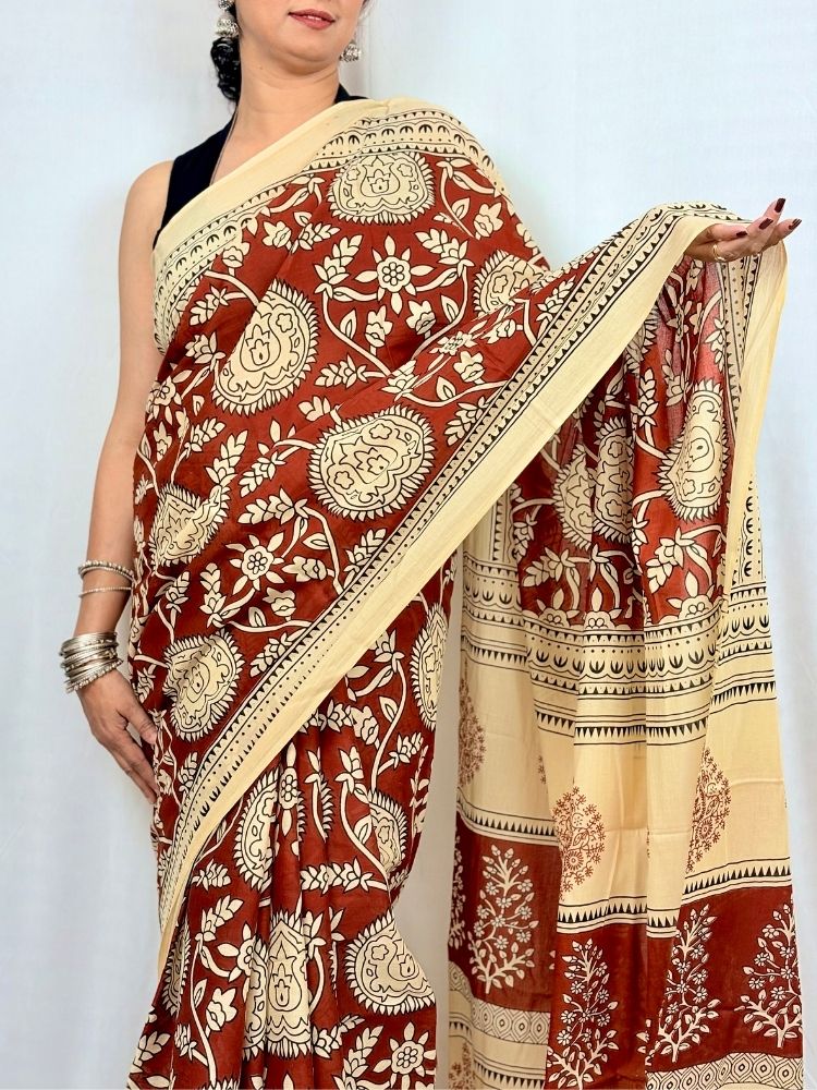 Classic Appeal – Brown Kalamkari Hand Block Printed Mul Cotton Saree