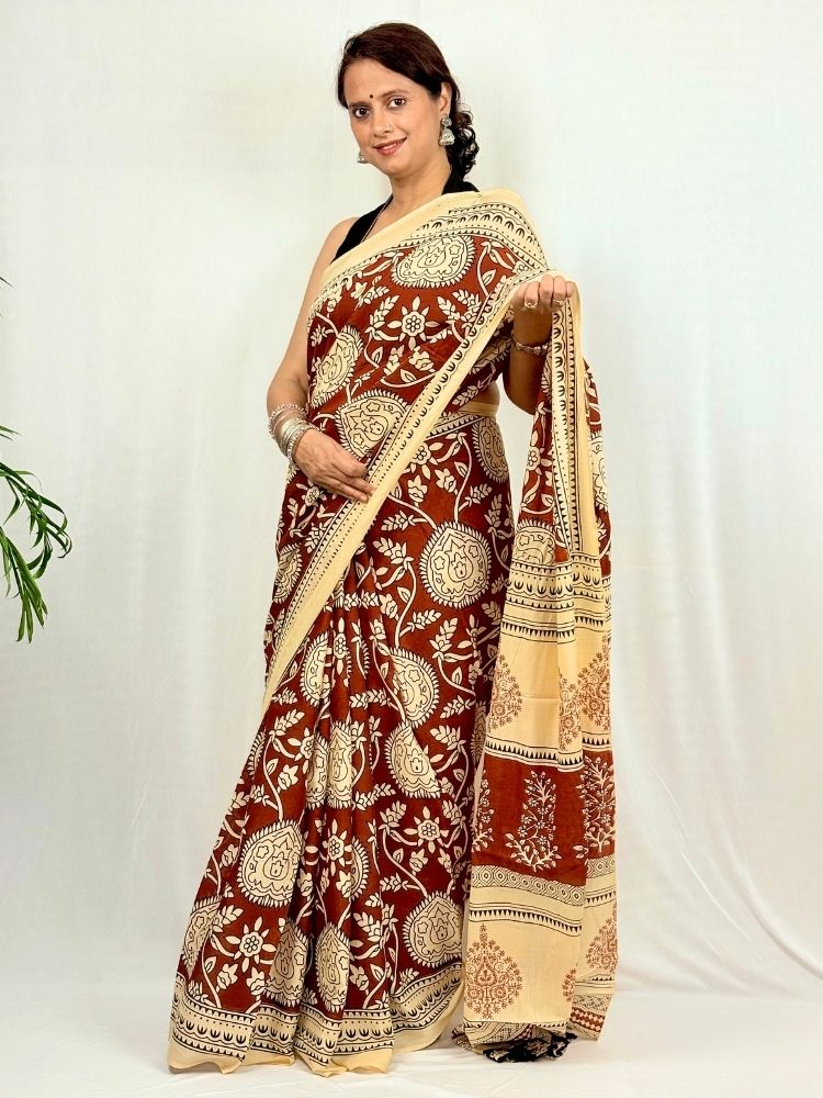 Classic Appeal – Brown Kalamkari Hand Block Printed Mul Cotton Saree