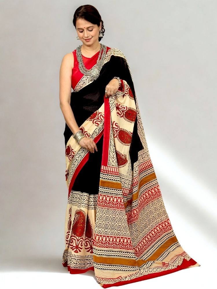 Classic Appeal – Bagru Hand Block Printed Mul Cotton Saree (With Blouse)