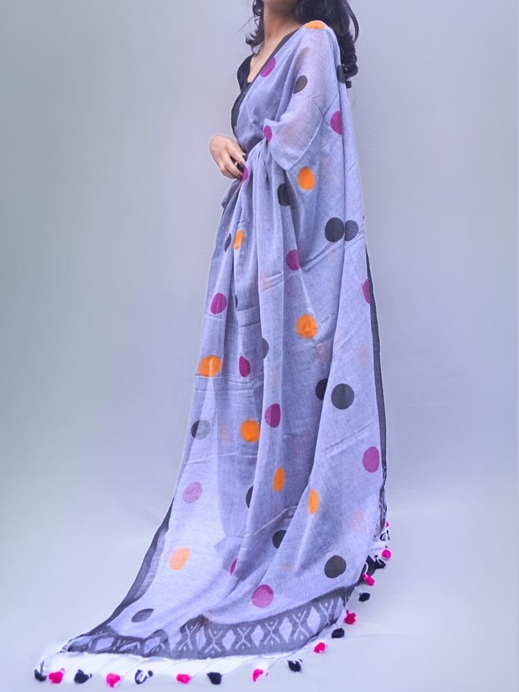 Elegant Dots – Grey Polka Dot Mul Cotton with Tassels