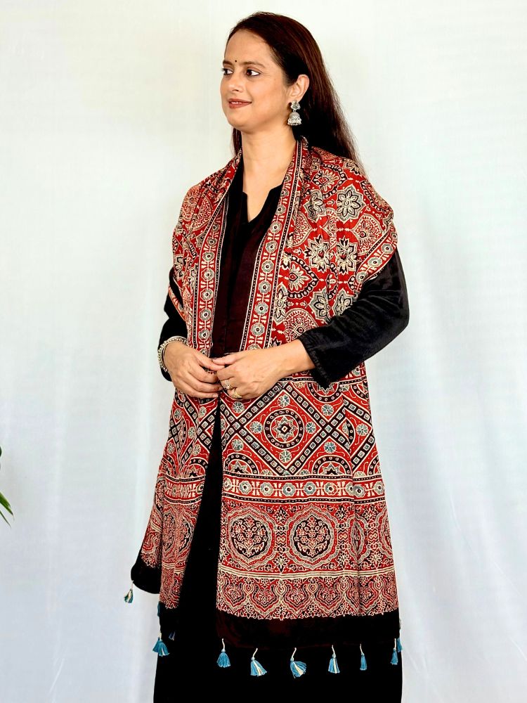 Crimson Aura – Red Modal Silk Ajrakh Hand Block Stole