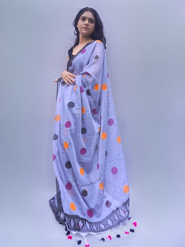 Elegant Dots – Grey Polka Dot Mul Cotton with Tassels