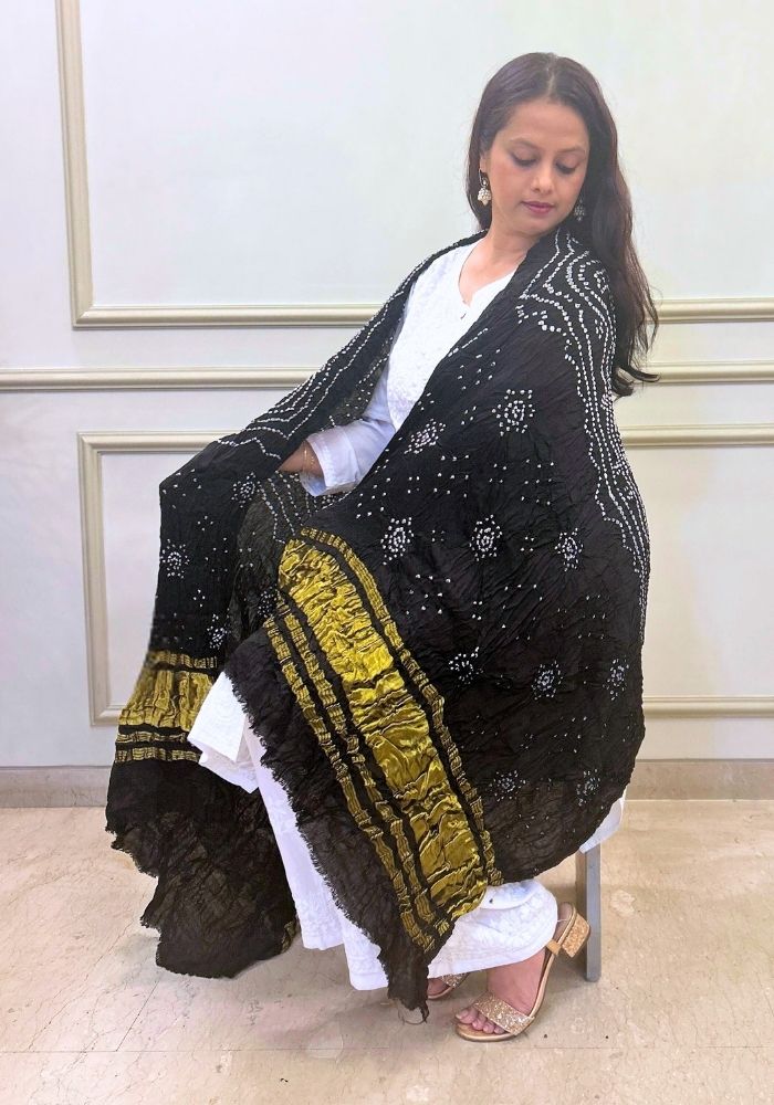 Elegant Black Pure Gajji Silk Bandhani Dupatta with Zari Accents