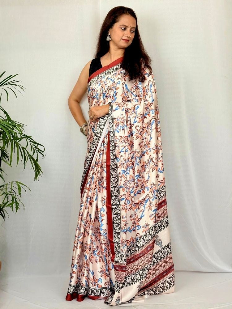 Crimson Heritage – Red Striped Modal Silk Saree with Ajrakh Hand Block Print