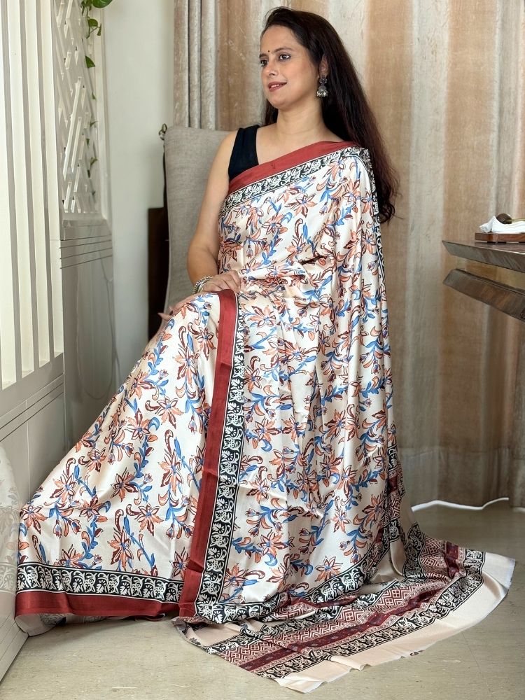 Crimson Heritage – Red Striped Modal Silk Saree with Ajrakh Hand Block Print