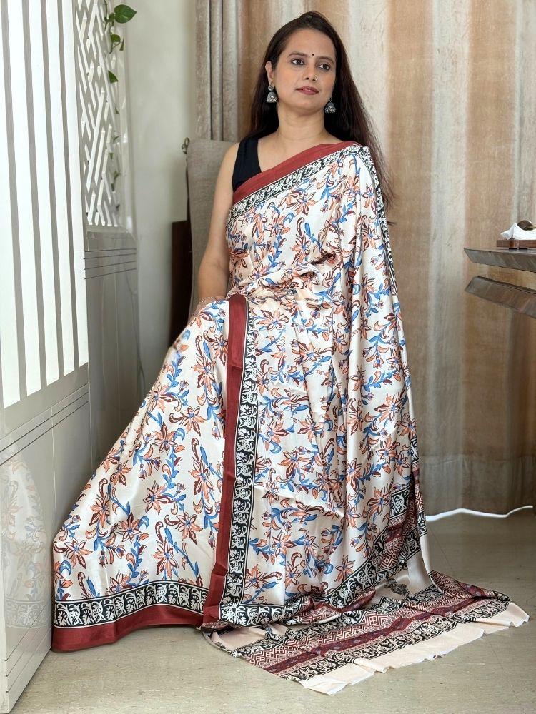 Crimson Heritage – Red Striped Modal Silk Saree with Ajrakh Hand Block Print