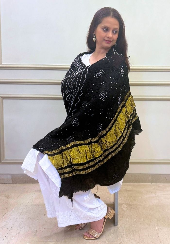 Elegant Black Pure Gajji Silk Bandhani Dupatta with Zari Accents