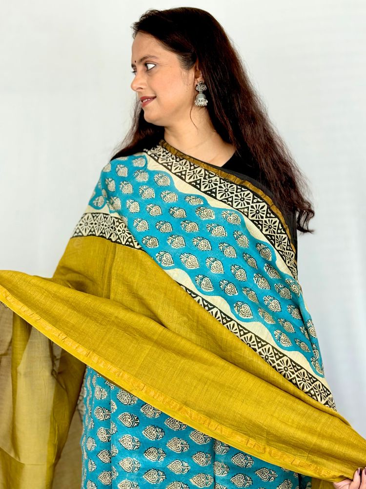 Royal Dusk – Blue & Mustard Yellow Chanderi Silk Cotton Suit Set with Bagru Hand Block Print