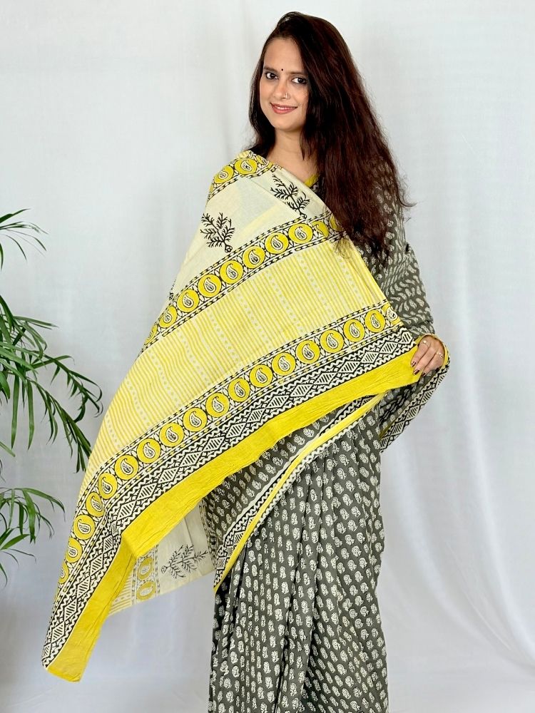 Classic Appeal – Yellow & Green Pure Cotton Handloom Saree