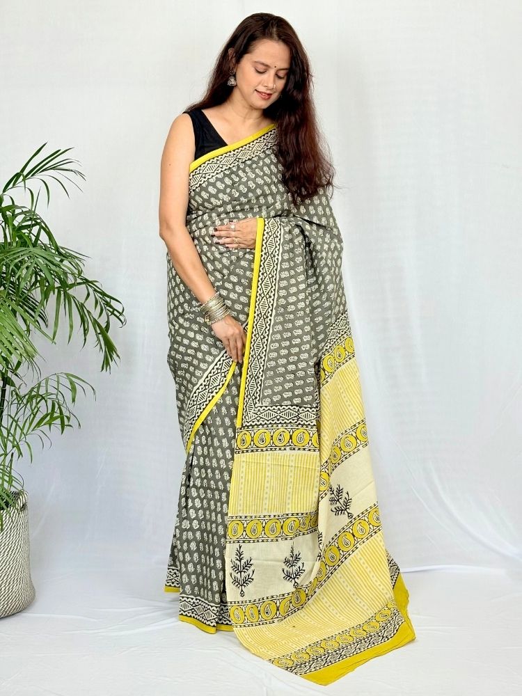 Classic Appeal – Yellow & Green Pure Cotton Handloom Saree