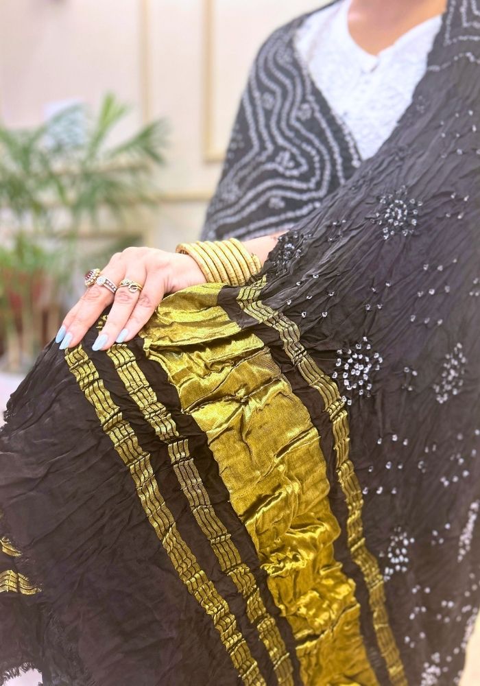Elegant Black Pure Gajji Silk Bandhani Dupatta with Zari Accents