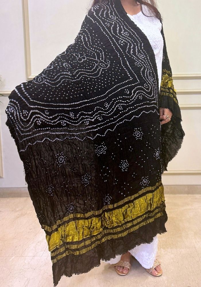 Elegant Black Pure Gajji Silk Bandhani Dupatta with Zari Accents