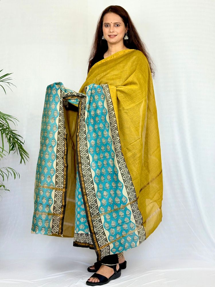 Royal Dusk – Blue & Mustard Yellow Chanderi Silk Cotton Suit Set with Bagru Hand Block Print