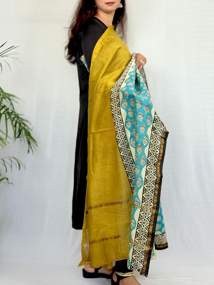 Royal Dusk – Blue & Mustard Yellow Chanderi Silk Cotton Suit Set with Bagru Hand Block Print