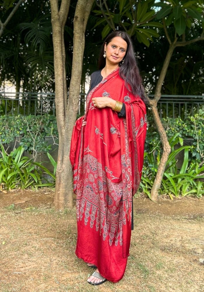 Elegant Red Modal Silk Ajrakh Hand Block Dupatta