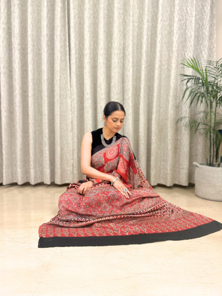 Modal Silk Ajrakh Traditional Style Hand Block Printed Saree